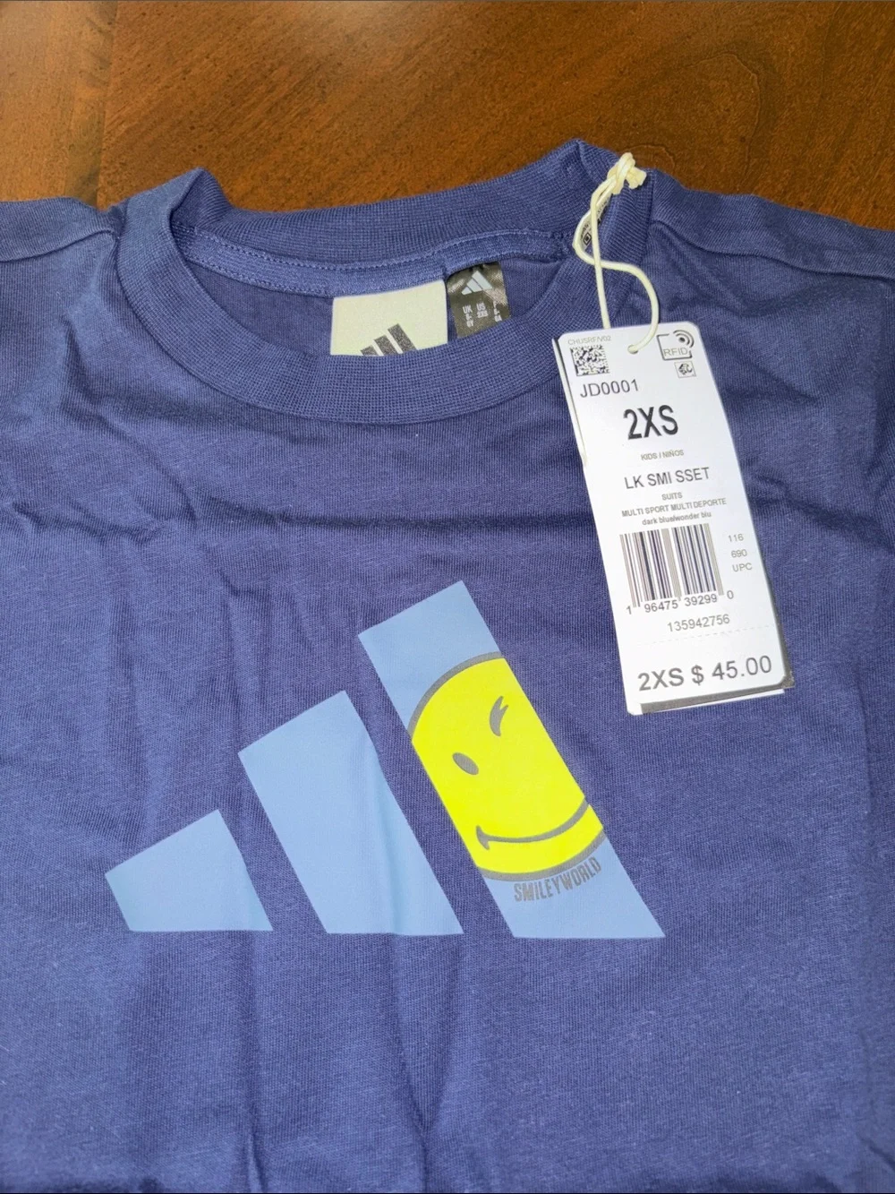 adidas 2XS Navy Tee Purple Yellow Smiley Short Athletic Set $45 NWT Kids Sports